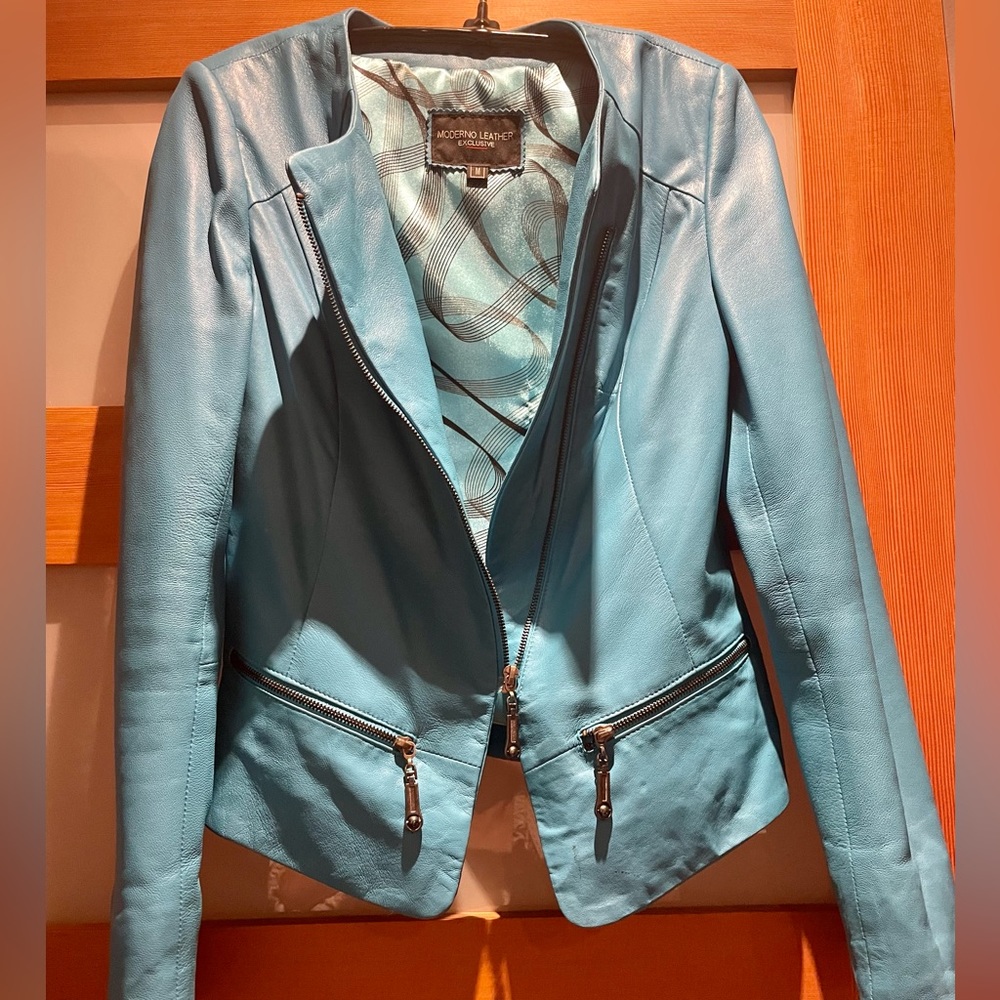 Turquoise blue lamb skin jacket